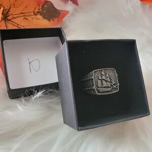Men's Black Silver Ship Ring Size 10